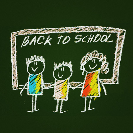 Colorful picture with happy kids. Kids drawing styleの写真素材