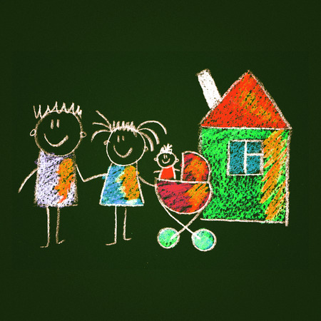 Colorful picture of happy family. Kids drawing styleの写真素材