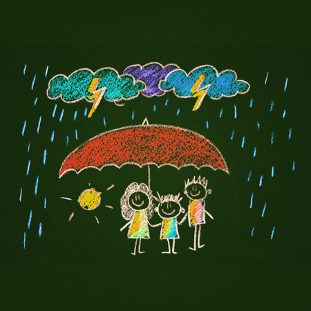 Colorful picture of happy family under umbrella. Social protectionの写真素材