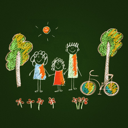 Colorful picture of happy family. Kids drawing styleの写真素材