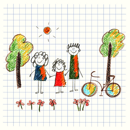 Colorful picture of happy family. Kids drawing styleの写真素材