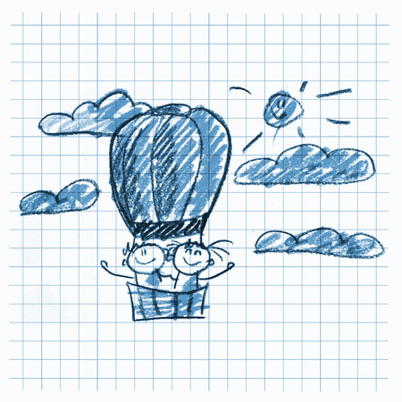 Colorful picture with happy kids. Kids drawing styleの写真素材