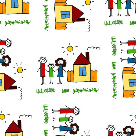 Seamless vector pattern. Kids drawing style backgroundの写真素材