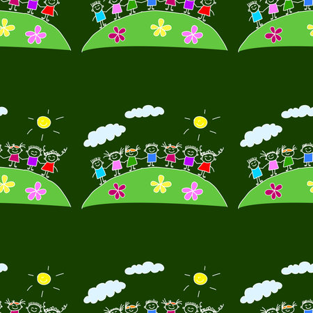 Colorful seamless vector pattern. Green blackboard. Kids drawing styleの写真素材