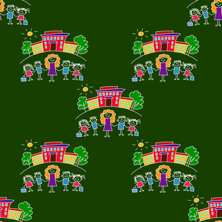 Colorful seamless vector pattern. Green blackboard. Kids drawing styleの写真素材