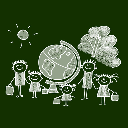 Picture on blackboard.  Illustration of kids with teacher.のイラスト素材