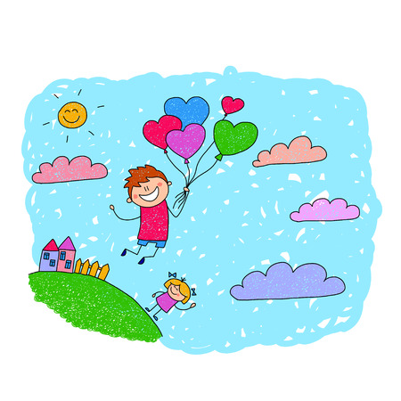 Cartoon boy fly at hot air balloons. Colorful summer picture.のイラスト素材