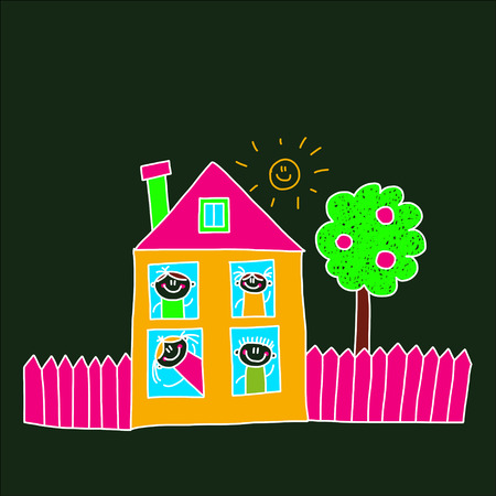 Blackboard Image of happy children. Kids drawing styleのイラスト素材