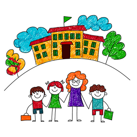 image of happy children with teacher. Kids drawingのイラスト素材