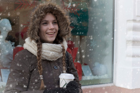 Portrait of young girl with coffee Winter Christmas New year time