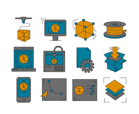 3D print icons set - vector collection of printing symbols in thin line style