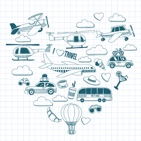 Travel hand drawn elements Doodle travel elements on checked paperのイラスト素材