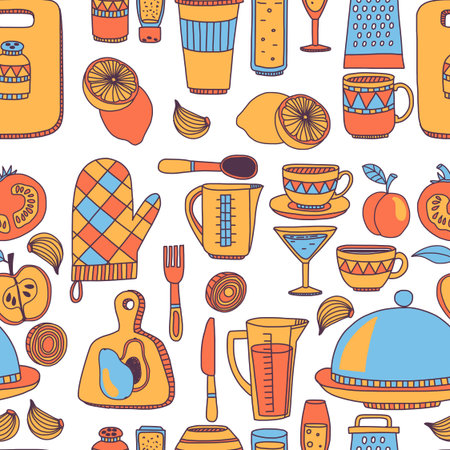 Doodle style kitchenware Hand drawn elements on white backgroundのイラスト素材