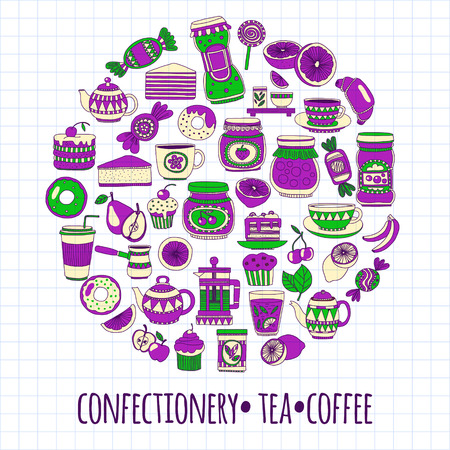Doodle style images with coffee, tea fruits and sweetsのイラスト素材