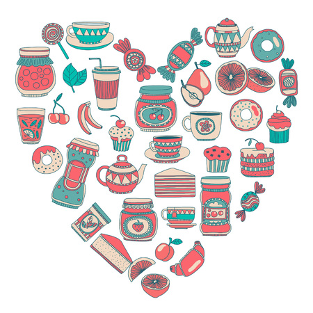 Doodle style images with coffee, tea fruits and sweetsのイラスト素材