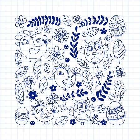 Doodle set with flowers, birds and eggs Hand drawn imagesのイラスト素材