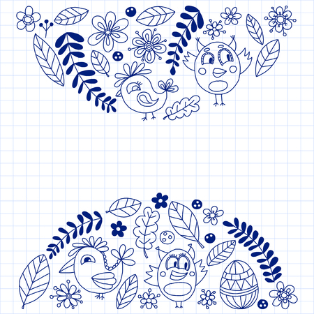 Doodle set with flowers, birds and eggs Hand drawn imagesのイラスト素材