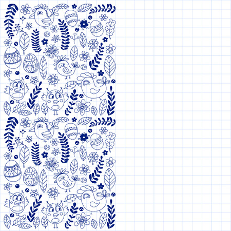 Doodle set with flowers, birds and eggs Hand drawn imagesのイラスト素材