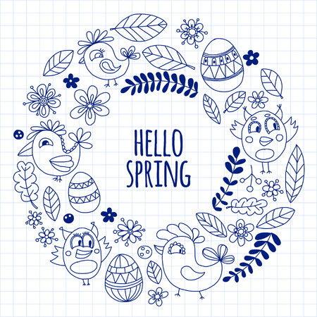 Doodle set with flowers, birds and eggs Hand drawn imagesのイラスト素材