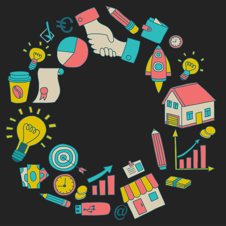 Vector set of doodle business icons Marketing Business Online shopping Bank Startup Brain Stormのイラスト素材