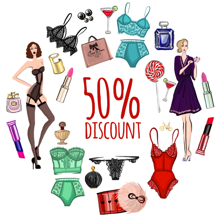 Vector set with lingerie and perfume Hand drawn imagesのイラスト素材