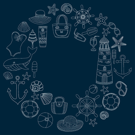 Big set with doodle images about beach fashion and travel Hand drawn picturesのイラスト素材