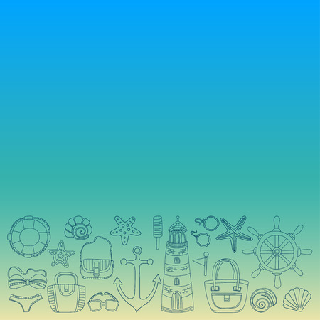 Big set with doodle images about beach fashion and travel Hand drawn picturesのイラスト素材