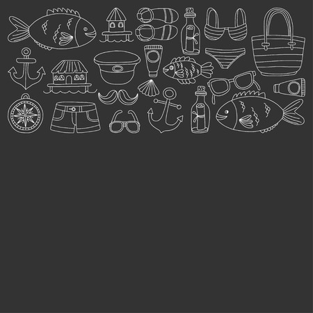 Big doodle vector set with hand drawn elements Beach and Travel iconsのイラスト素材
