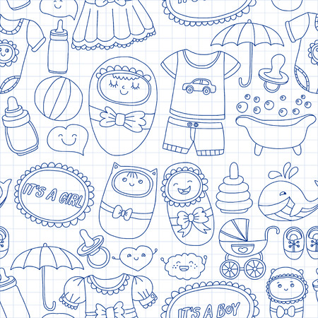 Baby icons Hand drawn doodle vector set Linear picturesのイラスト素材