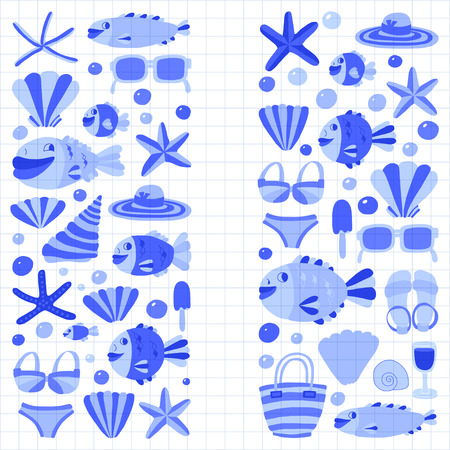 Flat hand drawn icons Beach and tropical vacation Doodle styleのイラスト素材