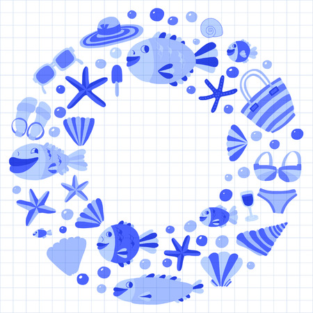 Flat hand drawn icons Beach and tropical vacation Doodle styleのイラスト素材