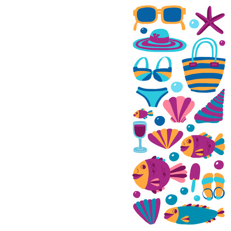 Flat hand drawn icons Beach and tropical vacation Doodle styleのイラスト素材