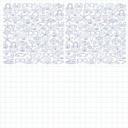 Vector doodle pictures of beach vacation and tropical sea life Hand drawn imagesのイラスト素材