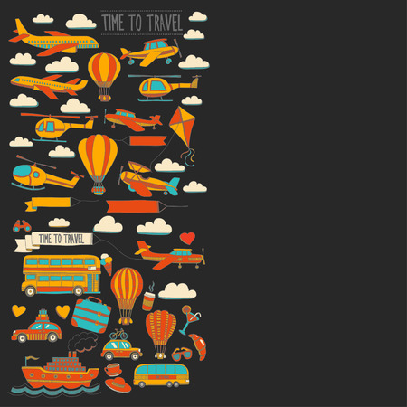 Vector doodle set of travel and transportation Car plane helicopter ballon ship Hand drawn picturesのイラスト素材