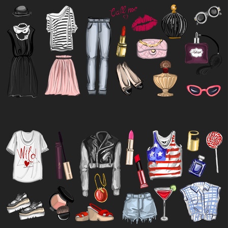 Vector set with fashion and perfume elements Digital watercolor Hand drawn imagesのイラスト素材