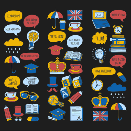 Vector set Doodle patterns and icons English courses Hand drawn imagesのイラスト素材