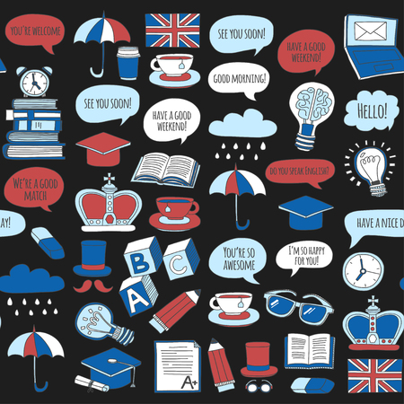 Vector set Doodle patterns and icons English courses Hand drawn imagesのイラスト素材