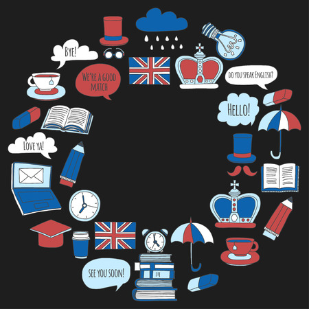 Vector set Doodle patterns and icons English courses Hand drawn imagesのイラスト素材