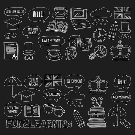 Vector set Doodle patterns and icons English courses Hand drawn imagesのイラスト素材