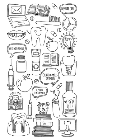 Dentistry Vector doodle set of icons Children dental care Hand drawn imagesのイラスト素材
