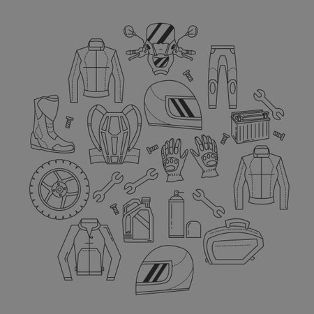 Vector set of linear motorcycle icons Parts and clothes Simple designのイラスト素材