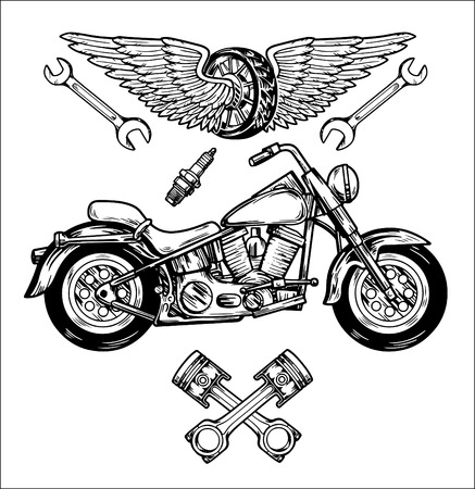 Vector biker set Hand drawn elements Repair Garage Motorcycle Biker Riderのイラスト素材