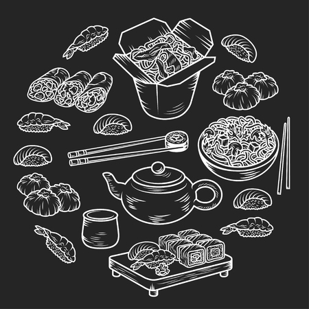 Set with Asian and Chinese cuisine icons Vector hand drawn elements for any kind of designのイラスト素材