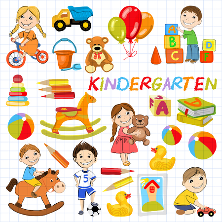 Vector kindergarten pattern with boys and girls playing games Hand drawn imagesのイラスト素材