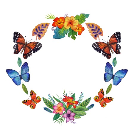 Watercolor summer frame for banner, poster, sale With tropical birds, flowers Tropical island Tropical summer paradiseの写真素材