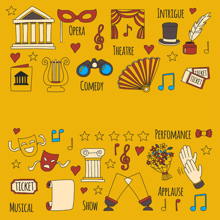 Hand drawn doodle Theatre set Vector illustration Sketchy theater icons Ticket Masks Lyra Flowers Curtain stage Musical notes Pointe shoes Make-up artist tools Theatre acting performance elementsのイラスト素材