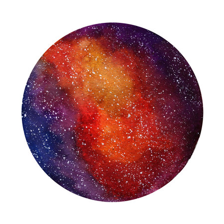 Space Cosmic background. Colorful watercolor galaxy or night sky with stars. Hand drawn cosmos illustration with blobs texture. Black, emerald, violet, green watercolour stains.の写真素材