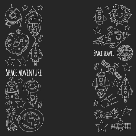 Space, satellite, moon, stars, spacecraft, space station Space hand drawn doodle icons and patternsのイラスト素材