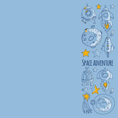 Space, satellite, moon, stars, spacecraft, space station Space hand drawn doodle icons and patternsのイラスト素材