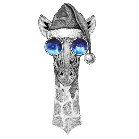 Camelopard, giraffe wearing christmas hat New year eve Merry christmas and happy new year Zoo life Holidays celebration Hand drawn imageの写真素材